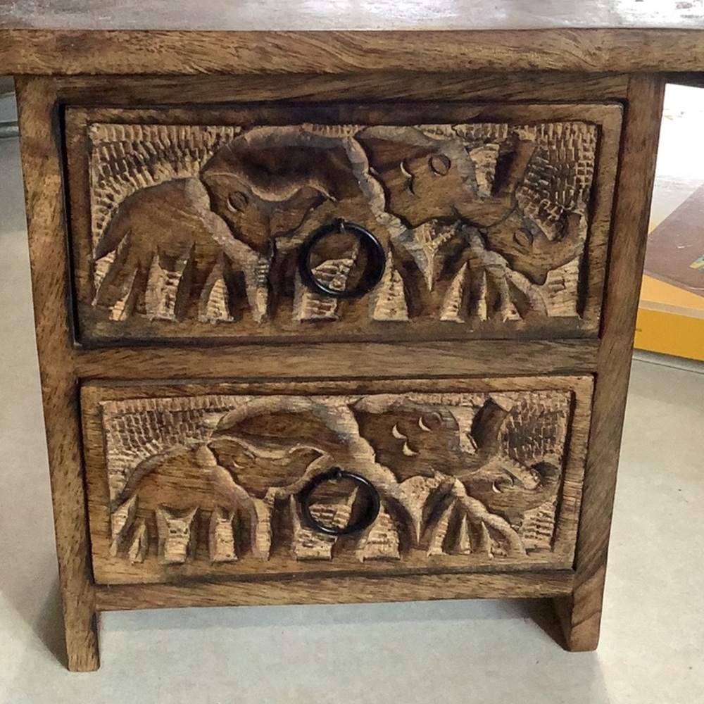 Hand-Carved Wooden Nightstand with Elephant Design